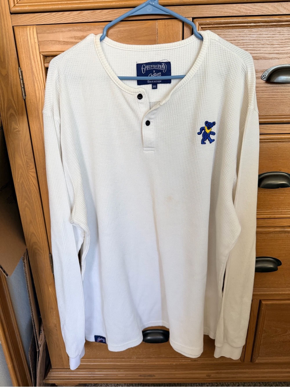 Grateful Dead Cream Long-Sleeve Waffle Henley with Blue Bear Embroidery